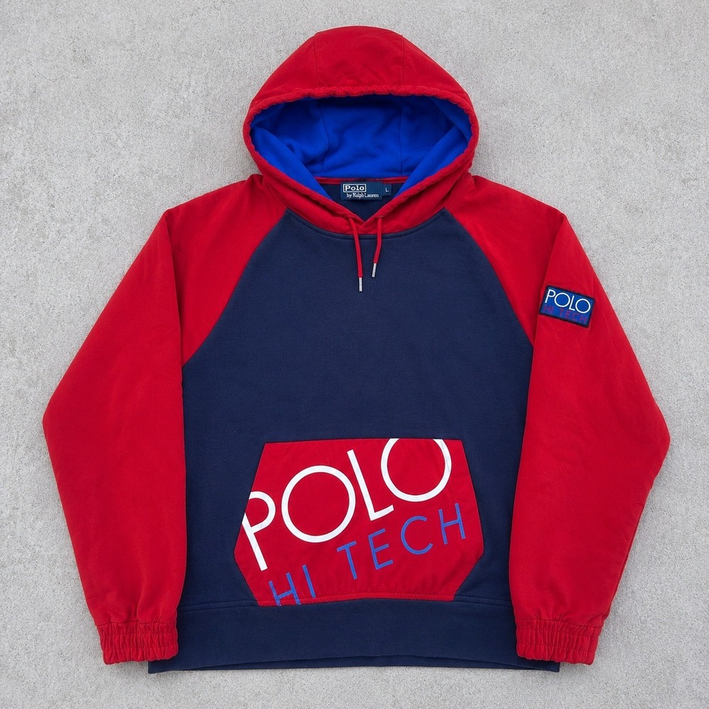 Polo Ralph Lauren Hi Tech Hoodie Mens Large Red Navy Blue Colorblock Spellout L